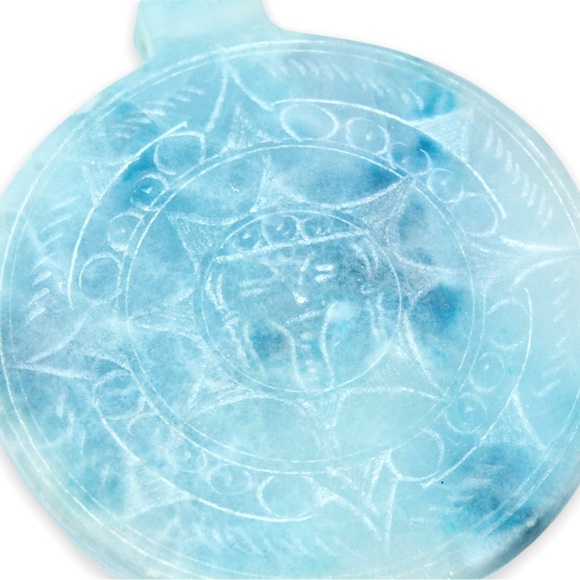 Vintage Mayan Sun Calendar Blue Agate Pendant Carved Gemstone Aztec Maya God - Picture 2 of 4